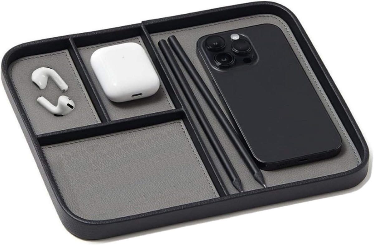 Opber Tray - PU Lederen Opslagdoos - Sleutelkast - Hal Tafel - Kantoor Opslagdoos - Kleine Opberger voor Munten - Kantoorbenodigdheden - Sleutels - Horloge - Portemonnee - 30.3 x 20.3 x 3.2 cm (Zwart)