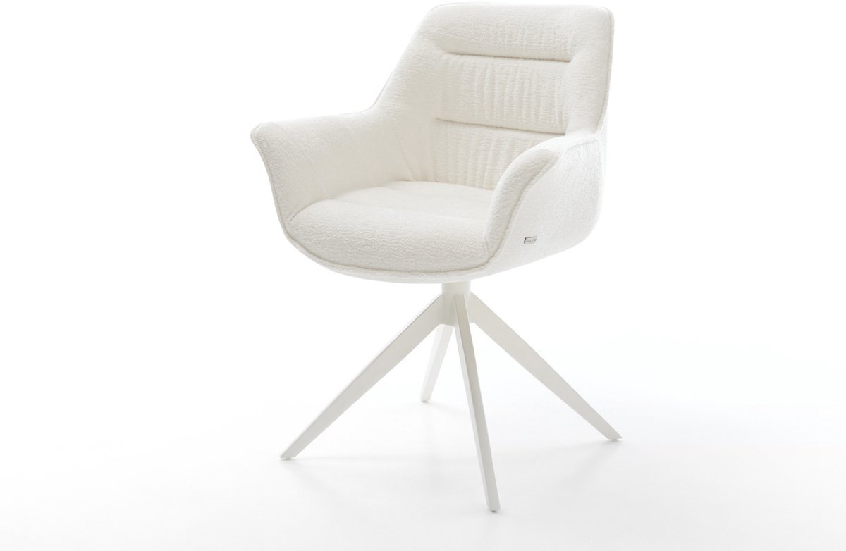 Eetkamerstoel Kaira-Flex kruisframe breed wit bouclé zacht beige 360° draaibaar rocker-functie