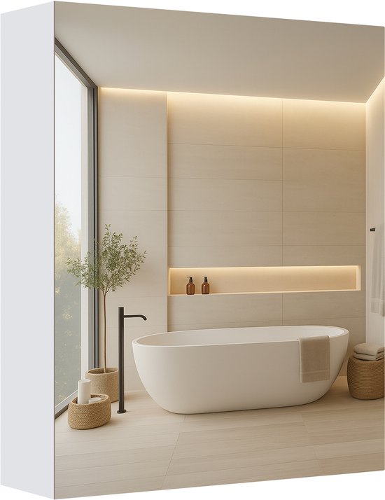 Gesloten spiegelkast die een luxe badkamer met een ligbad weerspiegelt.