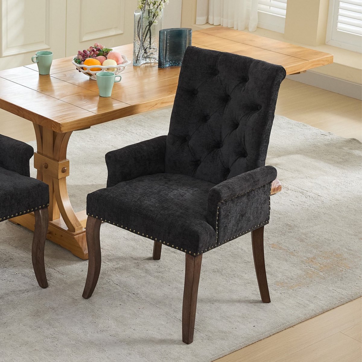 PHOEBE CAT Fauteuil - Eetkamerstoel - Chenille - Massief houten poten - Zwart (1 stuk)