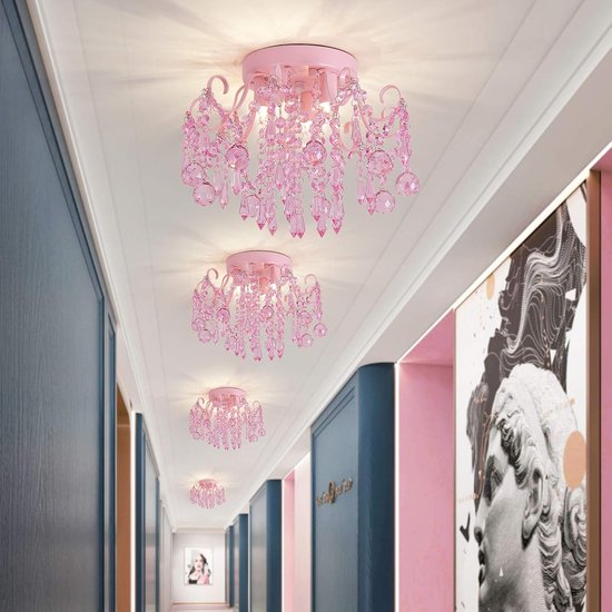 Q&S Mini-kroonluchter van glas, halve inbouwmontage, roze, meisjes, kleine kristallen plafondlamp, voor slaapkamer, badkamer, kast, kleuterschool met 3 lampen — afbeelding 4