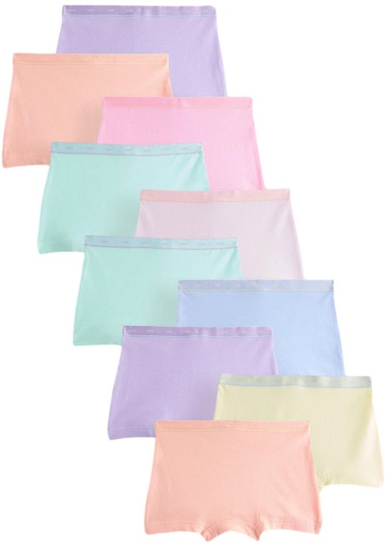 Set van 10 shorts in pastelkleuren: perzik, roze, mintgroen, lila, lichtblauw en geel. Allen met een lichtgekleurde tailleband met logo.