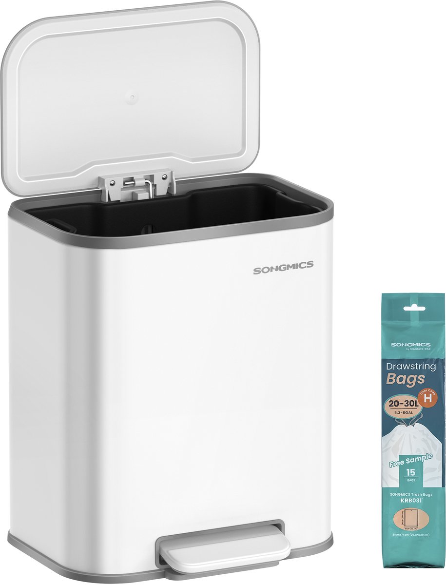 SONGMICS LTB542W02 - Keukenprullenbak met Deksel - Pedaalemmer met Soft Close - Binnenemmer en Antislip Pedaal