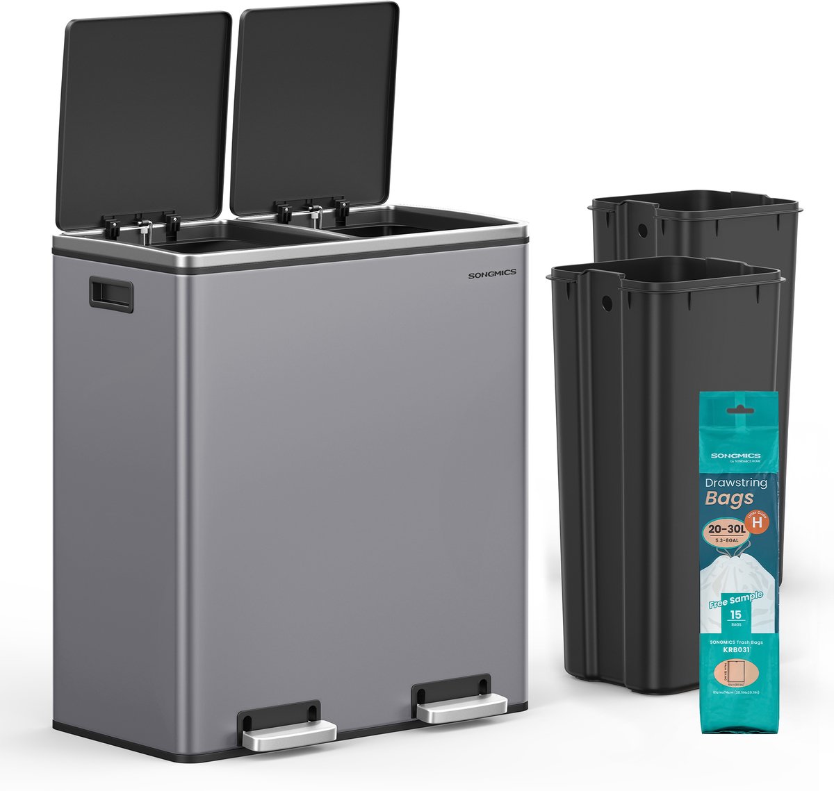 SONGMICS LTB060GD03 - Prullenbak met 2 Vakken - 2 x 30 Liter - Afvalscheidingssysteem voor Keuken