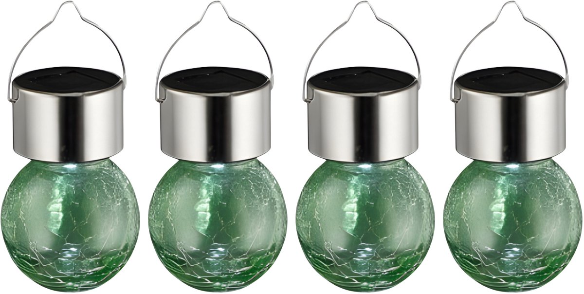 Sunnydays Solar sfeer hanglamp - 4x - tuin - lampenbol - groen - glas - 9 cm - ophang haak
