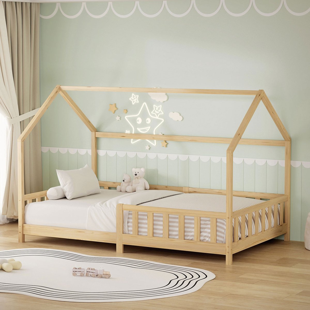 ml-design kinderbed montessori 120x200 cm met valbeveiliging houten huisbed voor meisjes en jongens massief grenenhout naturel dak lattenbodem duurzaam jeugdbed peuterbed juniorbed veilig en laag kinderbed slaapplaats kinderkamer bedframe Natuur