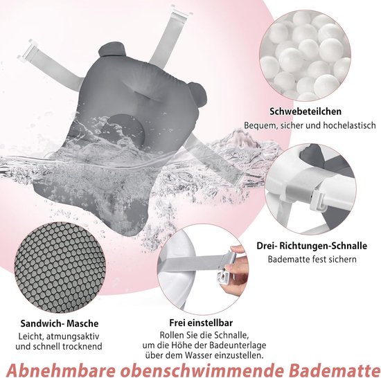 Foldable baby tub with drainage holes, suitable for toddlers up to 8 years, heat-resistant, non-slip foot pads, stable PP & TPE plastic, bath mat included (grey) — afbeelding 4