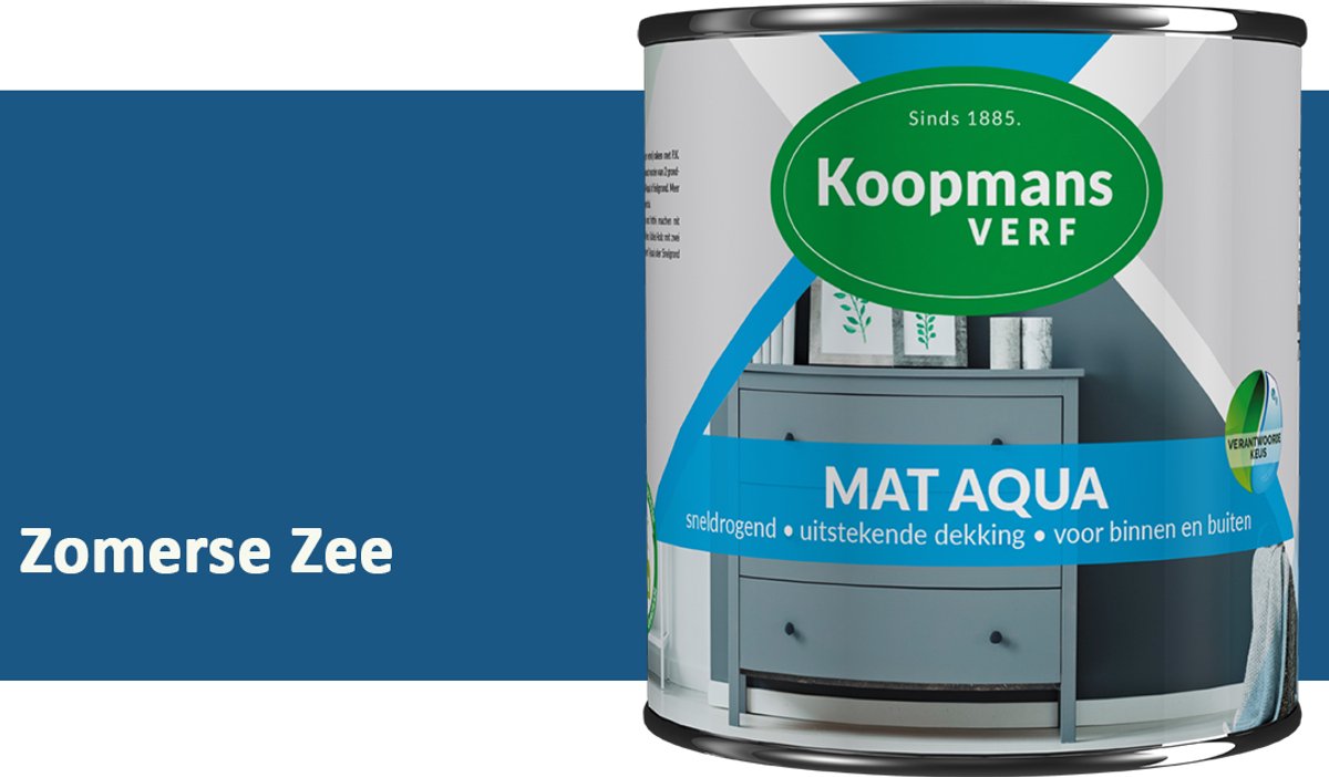 Koopmans Mat Aqua – Matte Lakverf – Streeploze Verf – Voor Deuren, Kozijnen & Meubels – Zomerse Zee – 750 ml