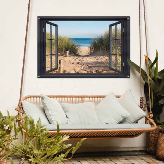 Tuinposter raam - Doorkijk - Strand - Natuur - Zee - Duinen - Planten - Tuindecoratie - Tuindoek - Tuinschilderij voor buiten - Schutting decoratie - Schuttingdoek - 120x80 cm - Tuin - Tuinposters