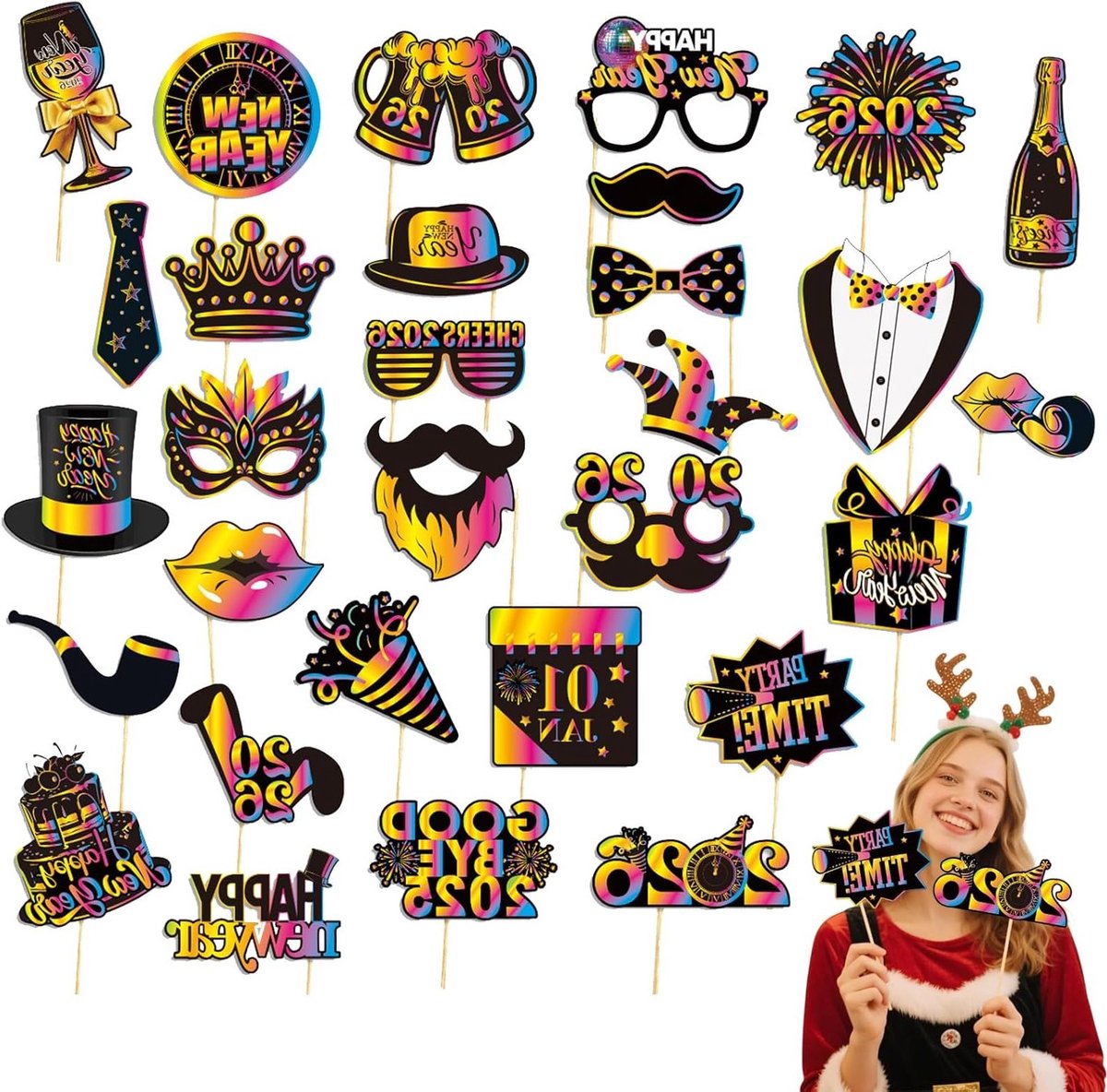 Feestelijke Fotobooth Set voor Oud en Nieuw - 30 Creatieve Accessoires voor Feesten, Gezelschappen en Herinneringen, Herbruikbare Decoratie voor een Unieke Sfeer