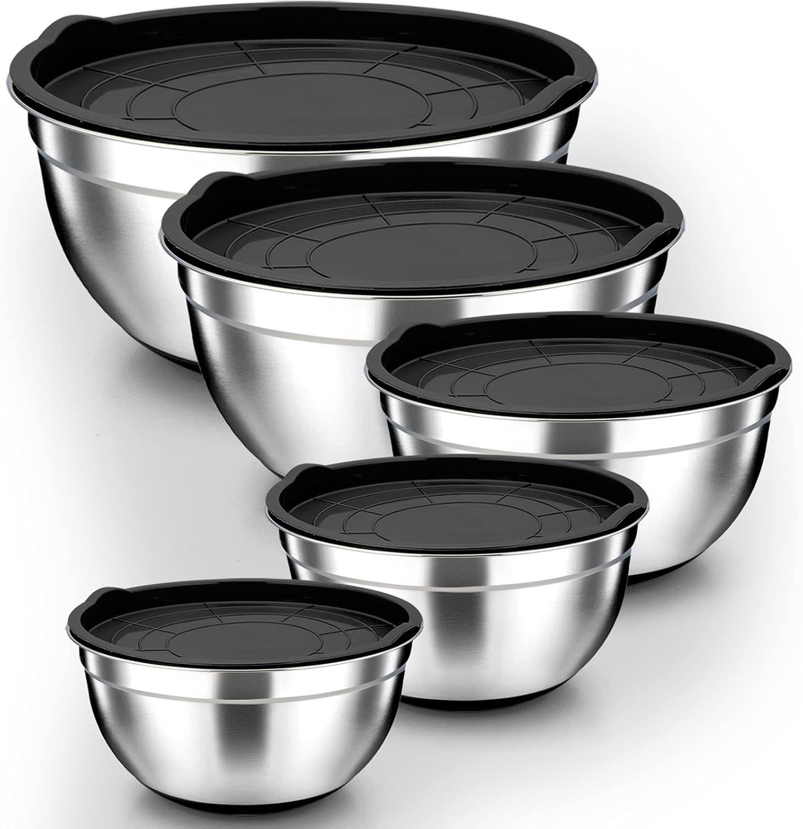 Mixkommen Set van 5 RVS Saladeschalen met Zwart Deksel en Siliconen Basis, Stapelbaar en Vaatwasserbestendig, Ideaal voor Koken en Serveren, Capaciteit tot 6.6L