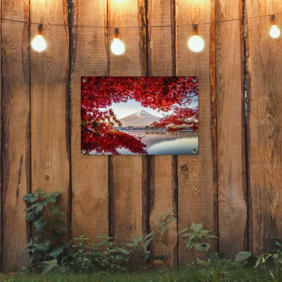 Décoration de jardin Mont Fuji vu à travers les feuilles rouges au Japon - 60x40 cm - Poster jardin - Toile jardin - Poster extérieur