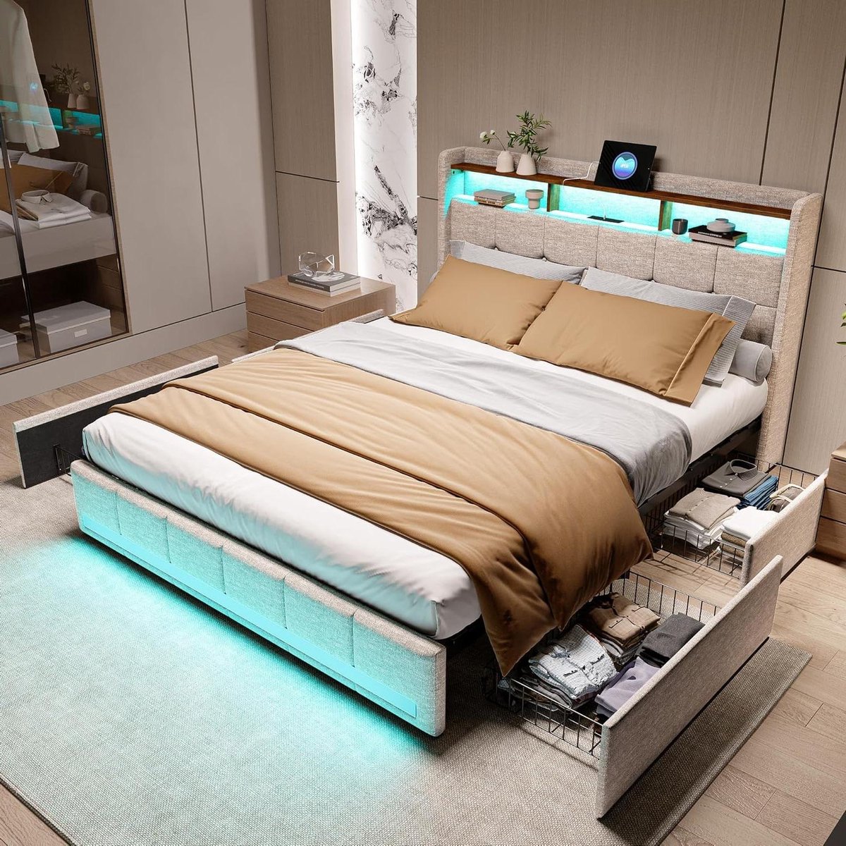 Gestoffeerd Bed - Tweepersoonsbed Led - Slaapkamer Inrichten - Met Opbergruimte - 140x200 