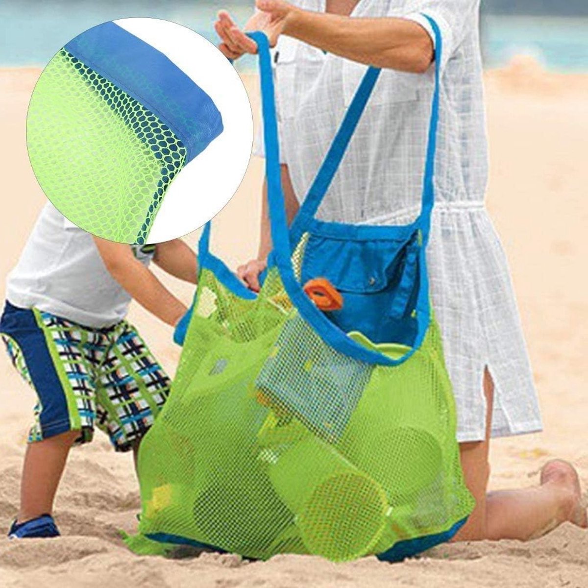 Grote Mesh Strandtas voor Kinderen, Opbergzak voor Speelgoed, Sandalen en Nat Textiel - 75 x 32 x 70 cm