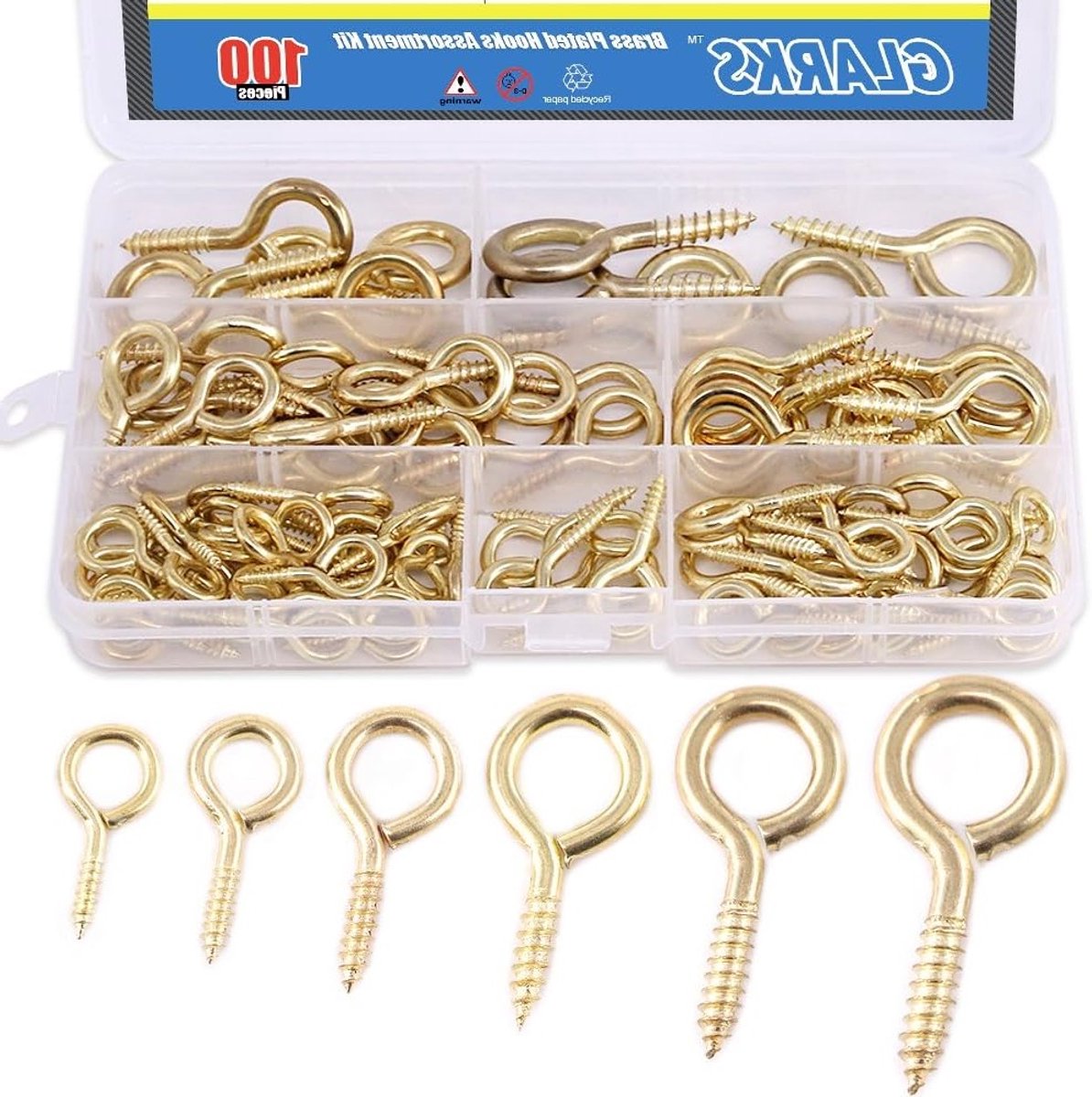 100 Stuks Lag Eye Bolts in 6 Maten - Messing Geplated Oogbouten en Haakjes voor Ophangen en Bevestigen