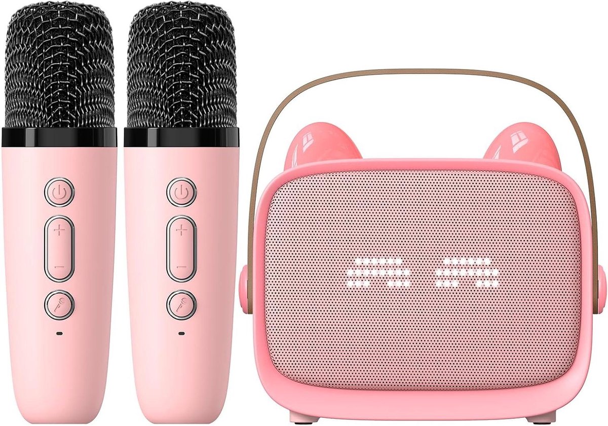 Karaoke Machine - Draagbare Speaker - Muziek Feest - Dubbele Microfoons - 15 x 14 x 10 cm - Roze
