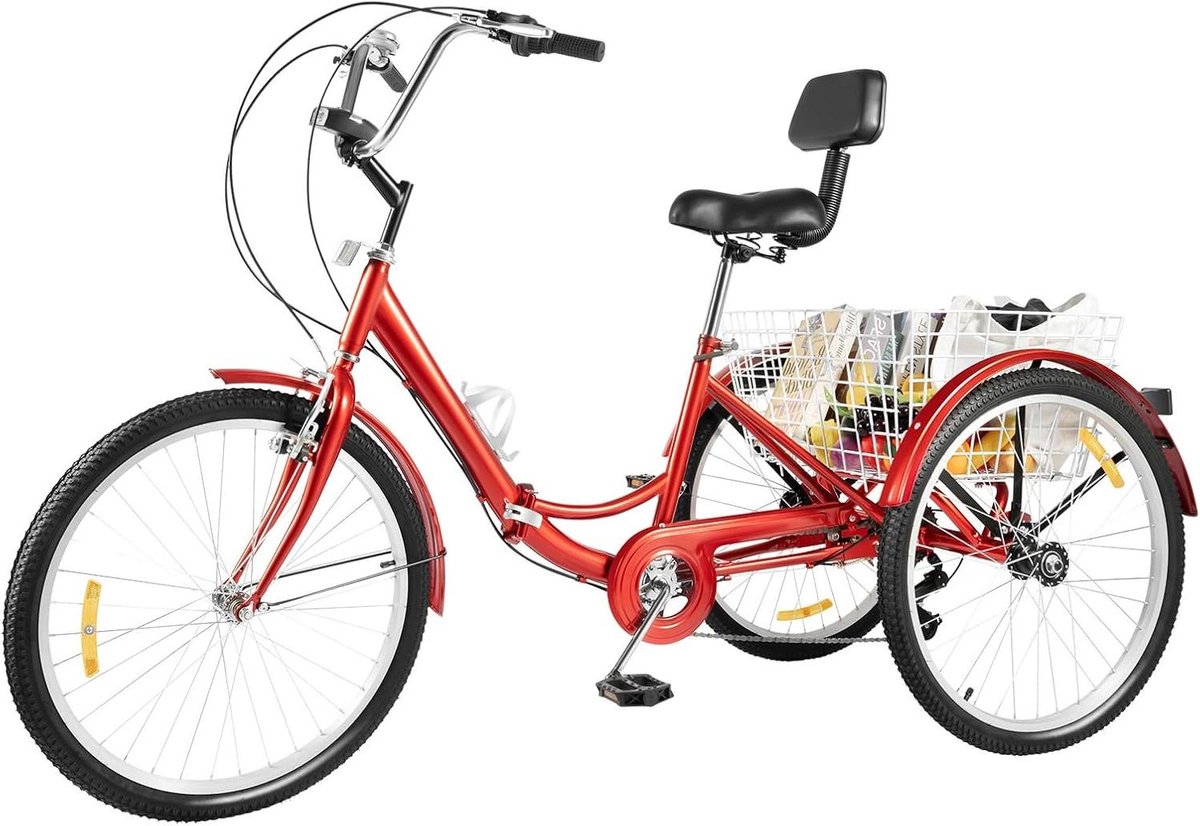 Driewieler voor volwassenen - Fiets met drie wielen - Ontspannen ritjes - Inklapbaar met mand - 24 inch - Rood