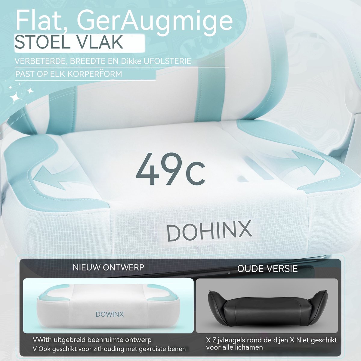 Dowinx Gaming Stoel Ergonomisch met Voetsteun – Vleugelloze Zit – Verstelbare Rugleuning – Zachte Stof – Blauw-wit – Voor Gaming, Werk en Studie – Middelgroot – foto 8
