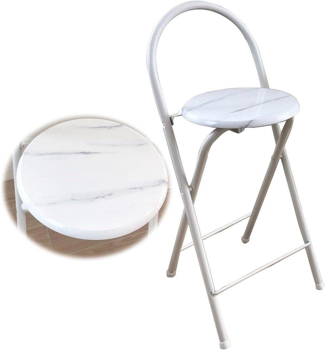 Inklapbare Barkruk - Hoge Stoel - Keuken Gebruik - Met Rugleuning - 65 cm - Wit