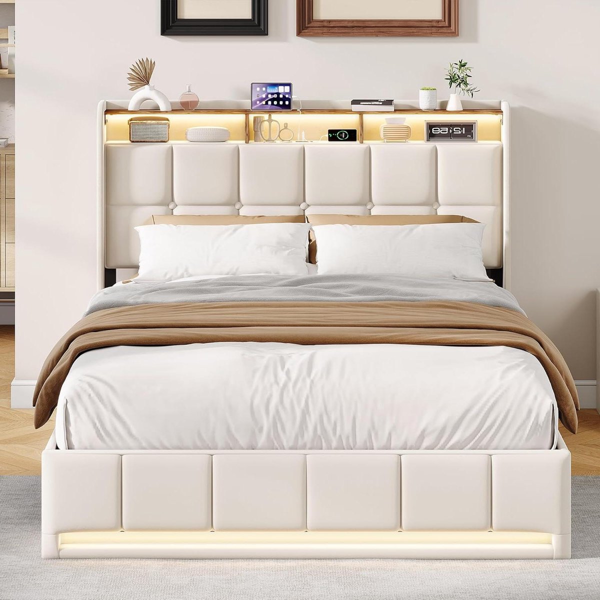 Gefeuwd Bed - Opbergbed - Ruimte Besparen - Geïntegreerde LED - 160x200 cm - Linnen Beige