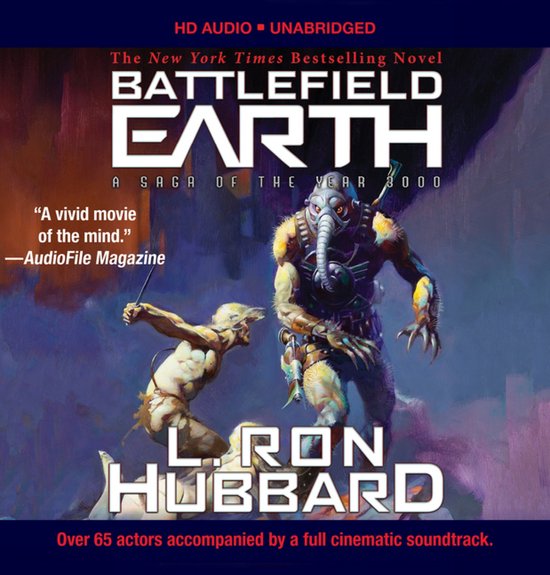 Boekomslag van 'Battlefield Earth' door L. Ron Hubbard met de tekst 'The New York Times Bestselling Novel' en een afbeelding van twee wezens.