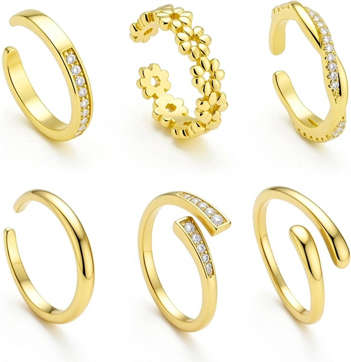 6 Pcs Verstelbare Teen Ringen voor Vrouwen in 14K Goud Gevuld met Bloem Design en Cz Steentjes - Perfecte Sieraden Set voor Zomer en Strandactiviteiten