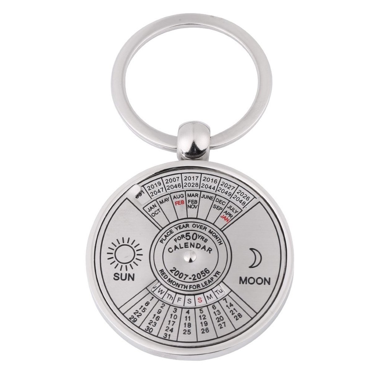 Dailygoods - Dailygoody - Zon en Maan Kalender - Sleutelhanger met eeuwigdurende kalender - Zilver kleur - Praktisch ornament - Relatiegeschenk - Geschikt voor dag