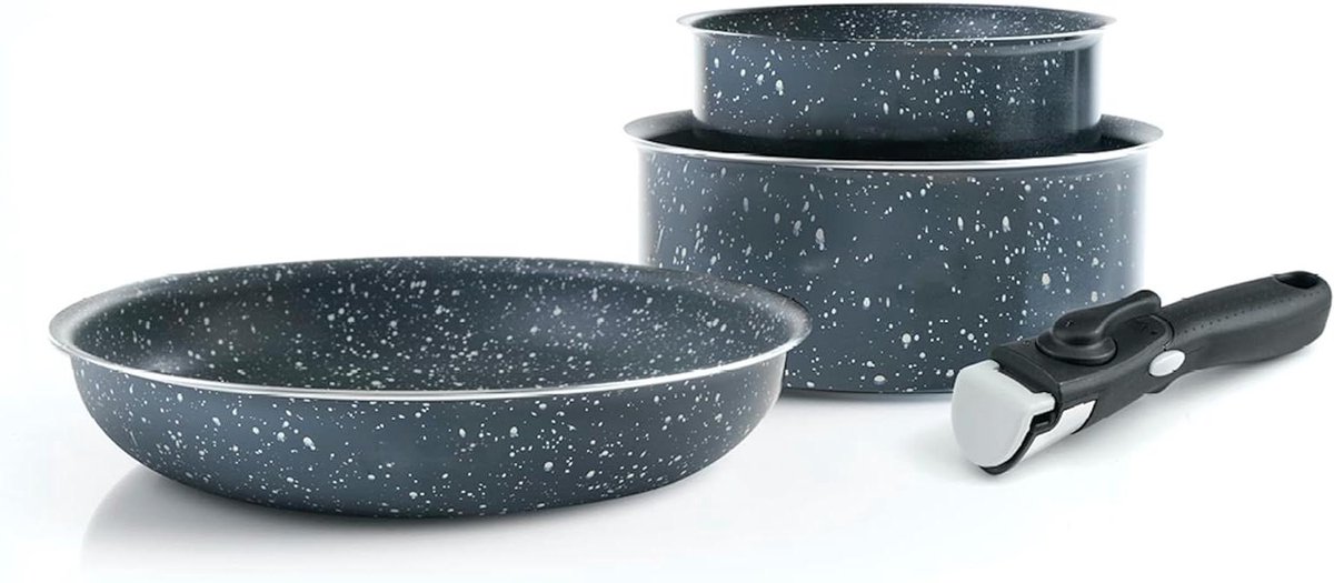 Kookgerei Set - Pannen Set - Dagelijks Koken - Afneembare Handgreep - 16 20 24 cm - Marmergrijs