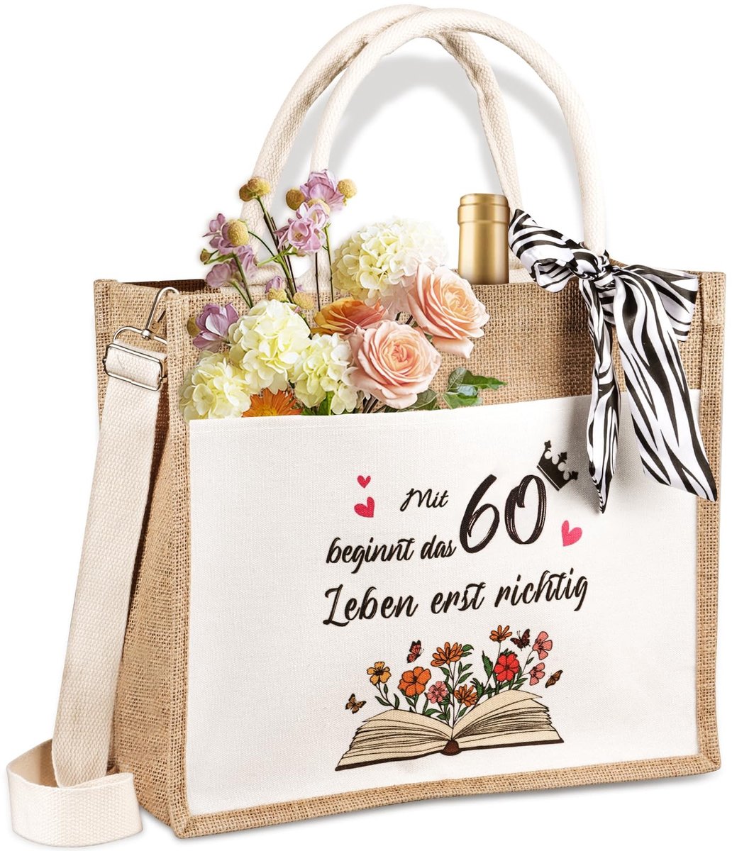 Cosensi - Dailygoods - Dailygoody - Jute boodschappentas - 60e verjaardag cadeau - Elegant en klassiek - Met opdruk en bloemen - Geschikt voor elke levensfase - Ca...