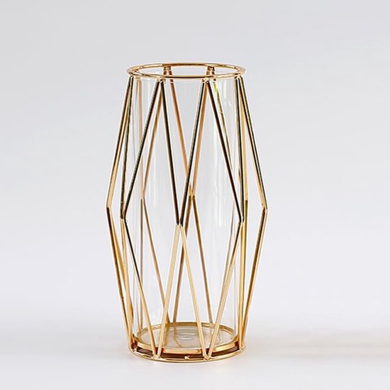 Glazen Vaas met Metalen Houder voor Pampasgras en Bloemen, Scandinavische Decoratie voor Bruiloft en Interieur, 22 cm Hoog, Gouden Accenten en Modern Design