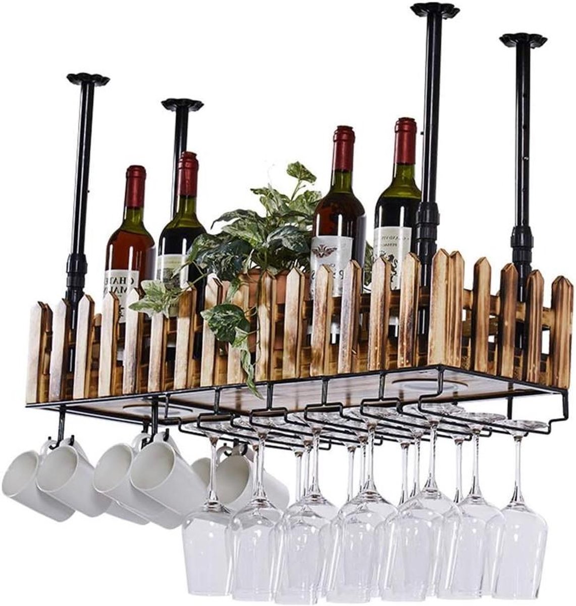 Wijnglazen rek - Wijnrek aan muur - Wijn opslag - Massief houten hek - 60 x 20 cm - Zwart