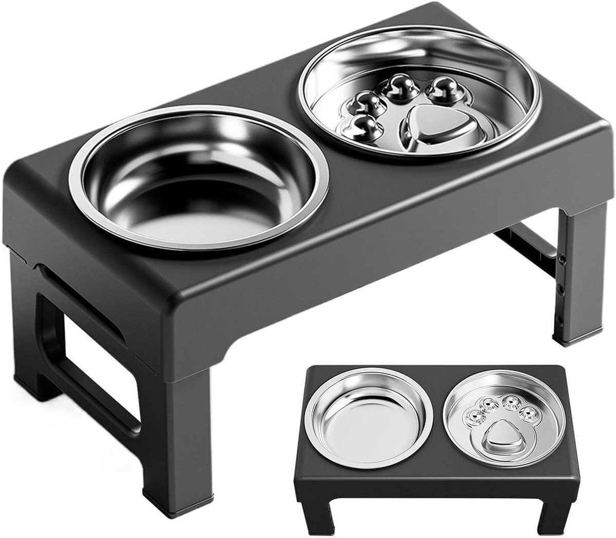 Dubbele Huisdierkom - Verhoogde Voerbak - Comfortabel Eten - 3 Hoogtes Instelbaar - 44x24x15 cm - Zwart