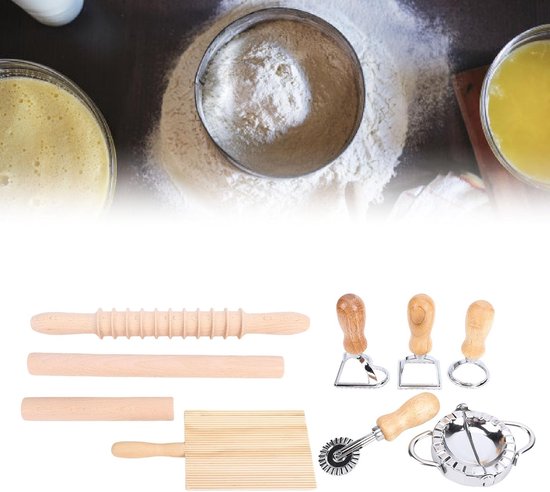 Pastamaker Gereedschapset - Noodle Maker Set - Zelfgemaakte Pasta Maken - Roestvrij Staal Beukenhout - 9 Delig - Natuurlijk van Pastamaker — afbeelding 3