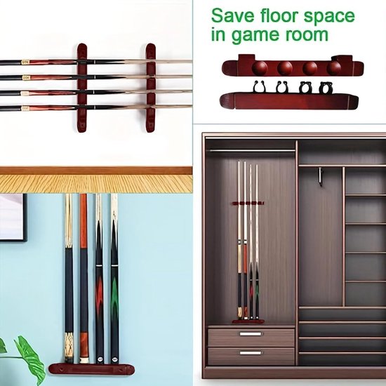 Keurek Hout - Biljartstick Houder - Speelkamer Organiseren - 4 Zachte Clips - 27 cm Lengte - Bordeauxrood — afbeelding 4
