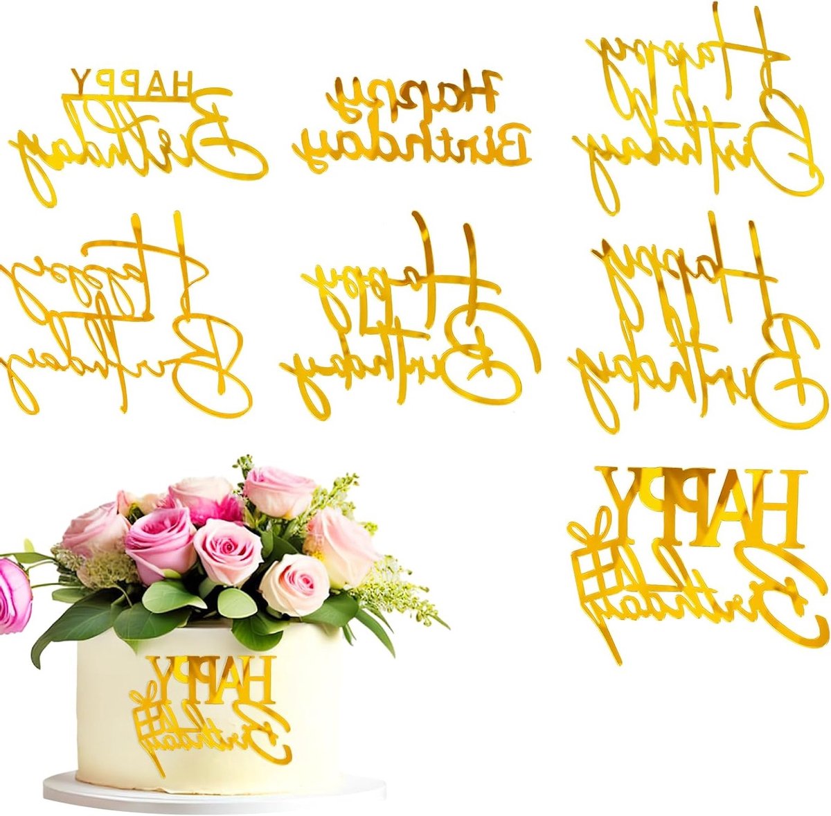 Gelukkige Verjaardag Taart Topper Set van 8 Stukken, Gouden Decoratie voor Taarten, Acryl Spiegel Taartaccessoires voor Feesten en Jubileums