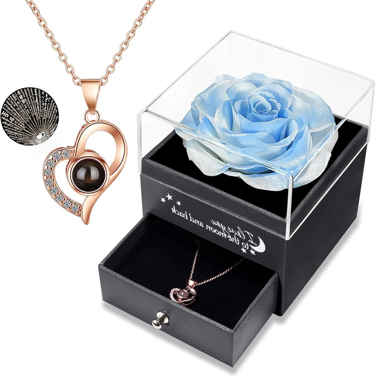 Eeuwige Roos - Bewerkte Bloem - Cadeau Geven - 100 Talen Ketting - 86 x 86 x 10 cm
