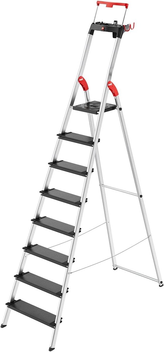 Hailo L100 Topline aluminium veiligheidstrap - 8 XXL-treden, tot 150 kg - Trap met uitschuifbare leuning, platformvergrendeling - Veel accessoires - Opvouwbare aluminium trap, gemaakt in Duitsland - Zwart