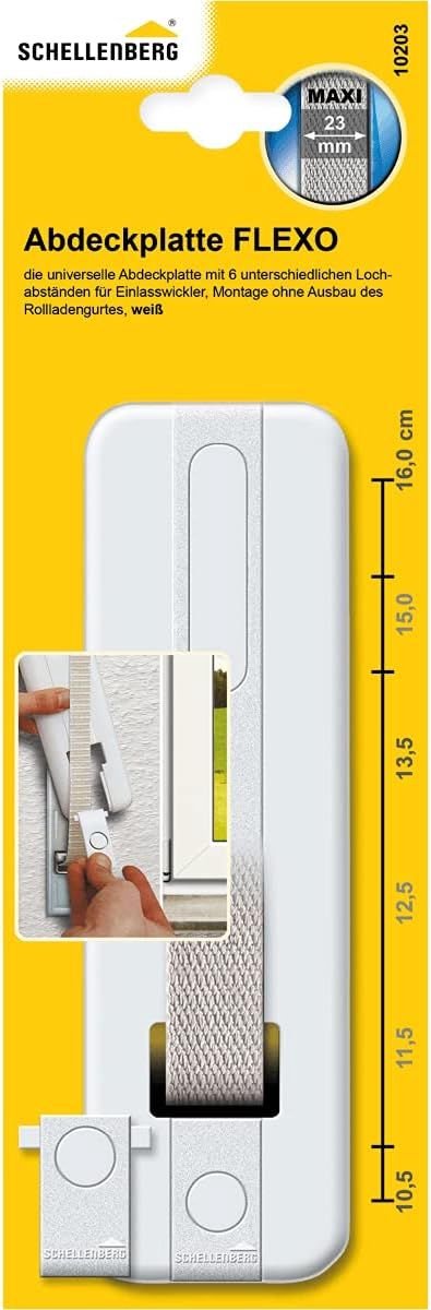 Schellenberg 10203 Afdekplaat voor rolgordijnband, gatenafstand 10,5 tot 16 cm, eenvoudige installatie zonder de band te verwijderen, FLEXO Maxi afdekplaat, voor bandoprollers en verzonken oprollers, wit