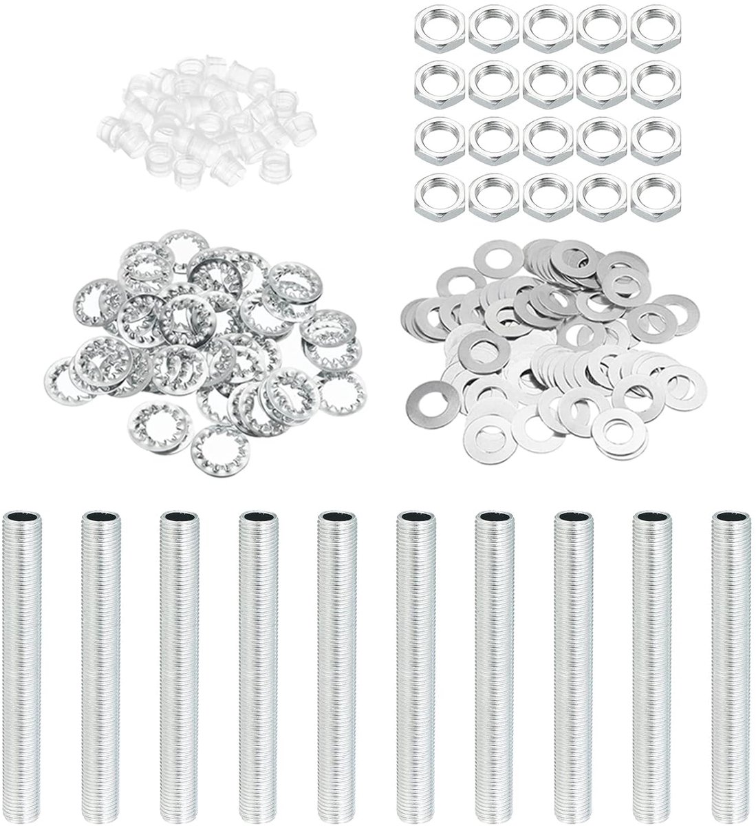 M10 threaded 3.15 inch lamp tube kit - locking nuts - washers - fixings assortment hardware - chandelier ceiling DIY light - zinc coating