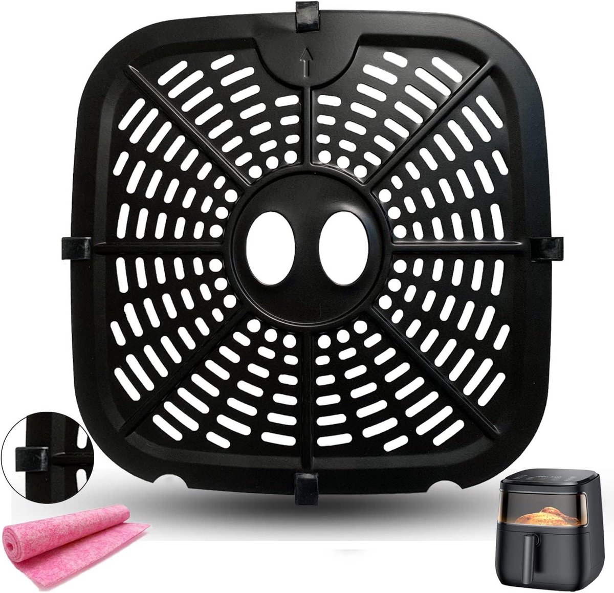 Airfryer Bakplaat Crisper Tray Gezond Koken Verbeterde Dubbellaagse Coating 24.38 x 24.38 cm Zwart