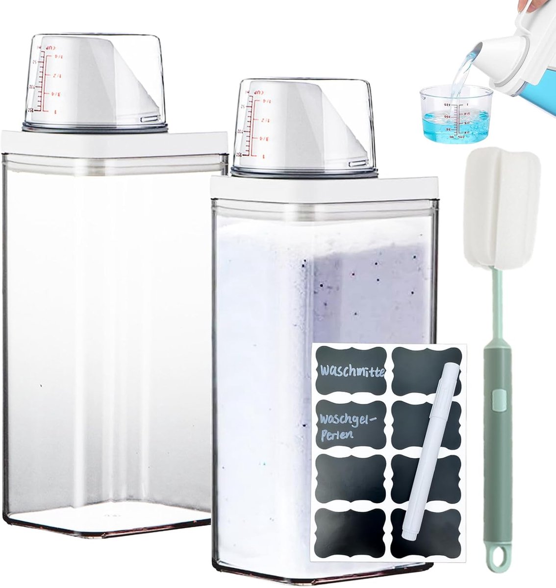 Multifunctionele Waspoeder Dispenser - 2 Pack - 1500 ml - Transparante Opslagbox met Maatbeker - Wasmiddel en Granen Organiser voor Waspoeder