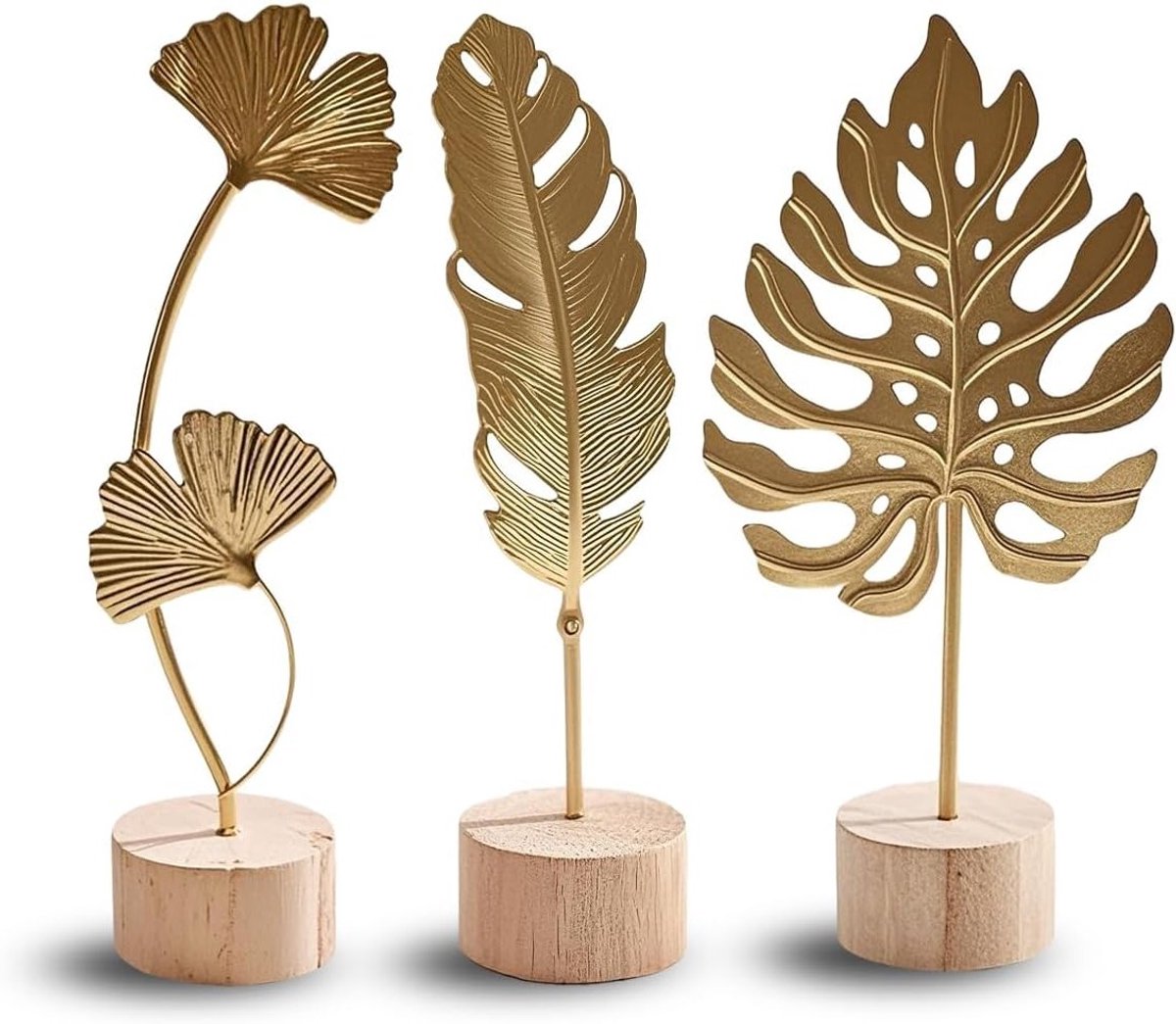 Set van 3 Decoratieve Gouden Bladeren - Ginkgo Bladeren, Monstera en Veer Sculpturen met Houten Basis voor Moderne Woonkamer en Slaapkamer Decoratie