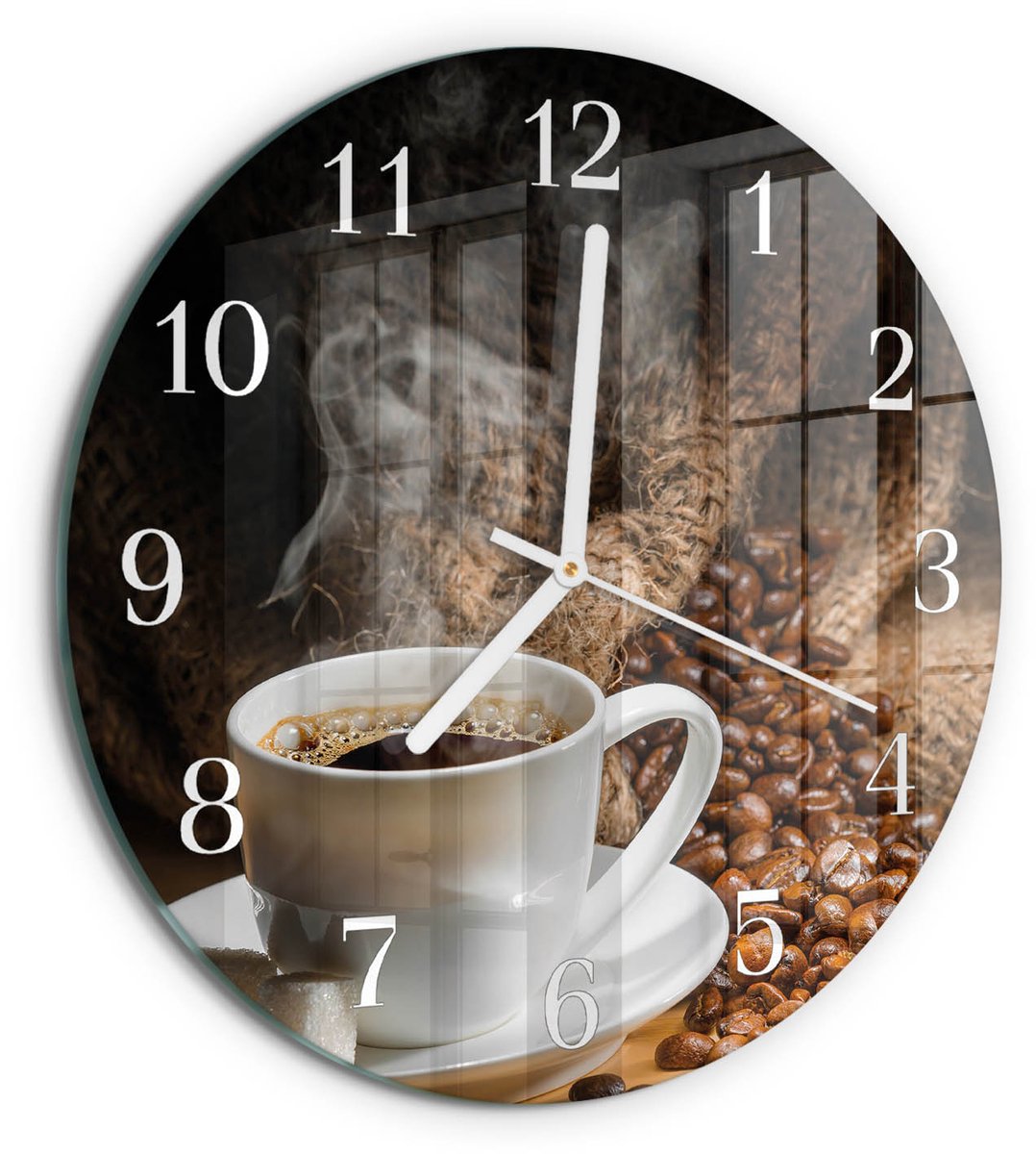 TULUP Wandklok - Koffie Klok Glas Met Opdruk - 30fi cm - Bruin Moderne Wandklok Glas - Witte Handen - Ronde Wandklok - Moderne Wandklok Glas - Wandklok Glas Decoratie Bruin - Koffie