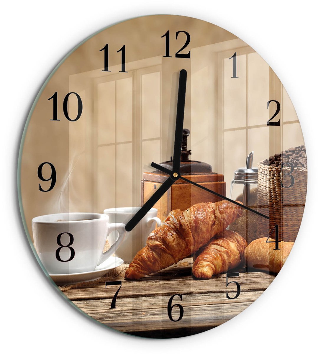 TULUP Wandklok - Croissants Gekleurde Glazen Klok - 30fi cm - Bruin Glazen Klok Met Print - Zwarte Handen - Ronde Wandklok - Decoratieve Glazen Klok - Glazen Wandklok Design Bruin - Croissants