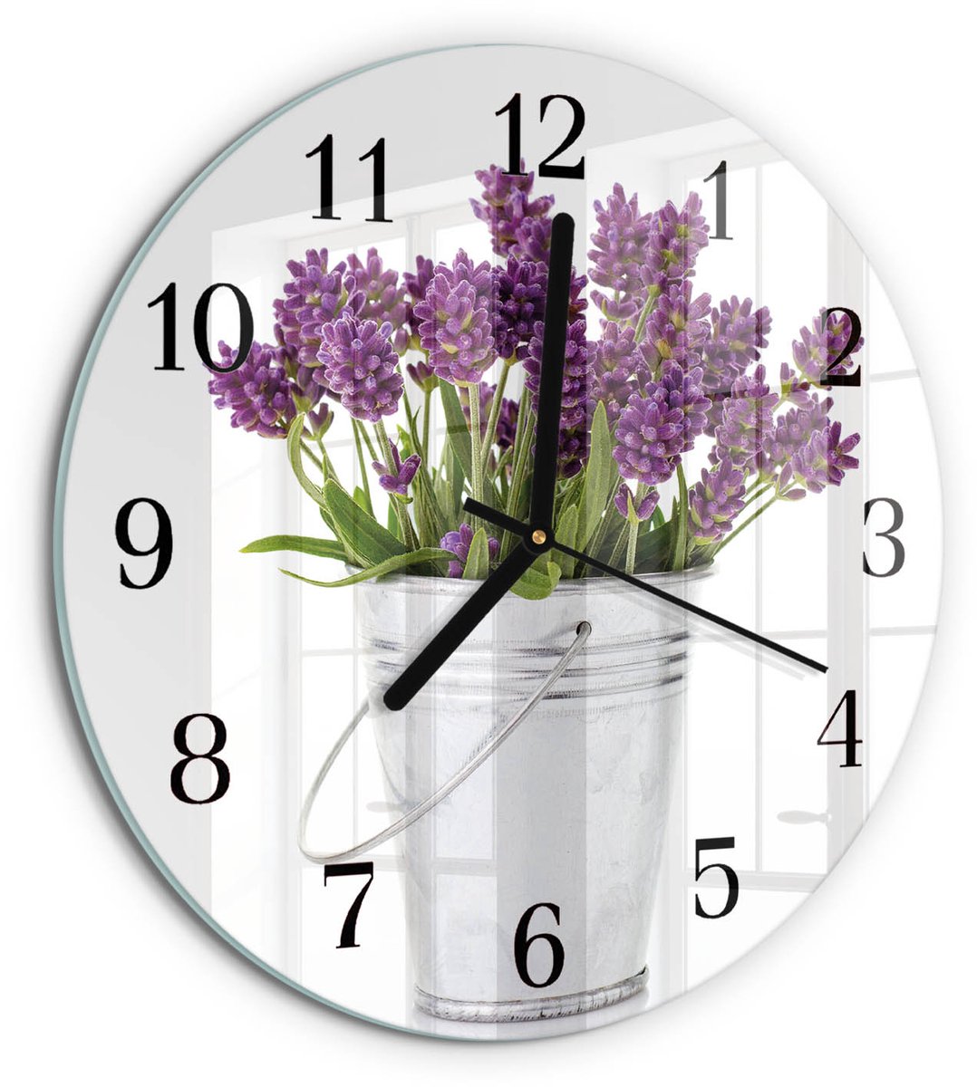TULUP Wandklok - Lavendel Wandklok Glas Decoratie - 30fi cm - Paars Gekleurde Glazen Klok - Zwarte Handen - Ronde Wandklok - Glazen Klok Met Print - Wandklok Glas Met Motief Paars - Lavendel