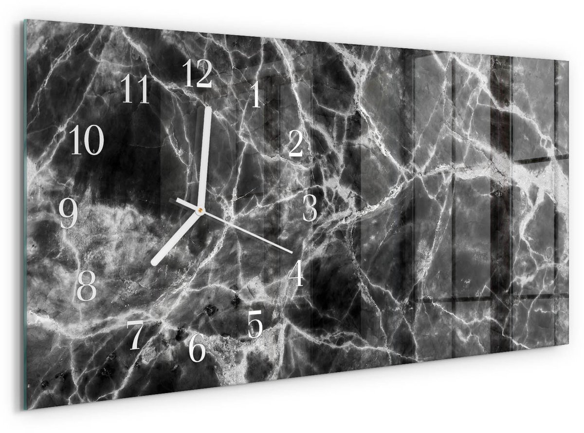 TULUP Wandklok - Zwart marmer Moderne Wandklok Glas - 60x30 cm - Zwart Wandklok Glas Decoratie - Witte Handen - Rechthoekige Wandklok - Glazen Wandklok Design - Klok Glas Met Opdruk Zwart - Zwart marmer