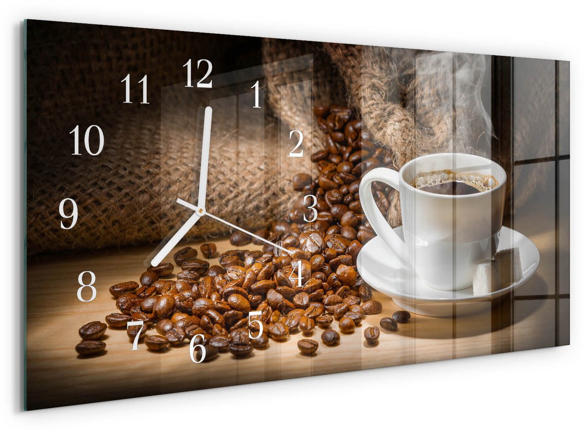 TULUP Wandklok - Koffie Glazen Klok Met Print - 60x30 cm - Bruin Moderne Glazen Wandklok - Witte Handen - Rechthoekige Wandklok - Decoratieve Glazen Klok - Glazen Wandklok Design Bruin - Koffie