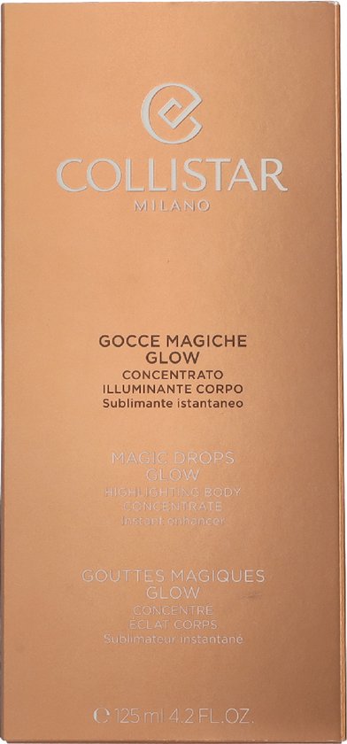 Collistar verpakking met de tekst "Magic Drops Glow Highlighting Body Concentrate". Kleur koper.
