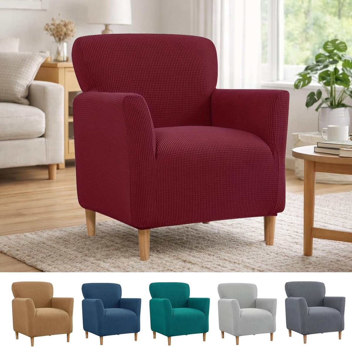 Elastische 1-zits fauteuilbeschermer, jacquard bankovertrek, afneembare hoes voor katten en honden, bordeauxrood, universele bescherming tegen vlekken en slijtage
