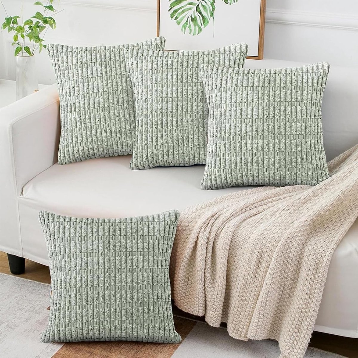 Set van 4 Stuks Kussenhoezen 45x45cm in Groene Corduroy, Zachte en Comfortabele Kussens voor Bank, Bed en Auto, Machinewasbaar en Duurzaam